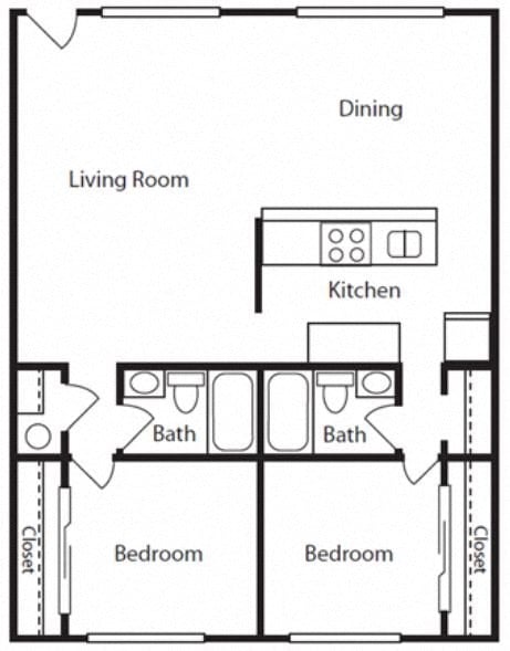 Floor plan for 2 beds, 2 baths, 975 sqft